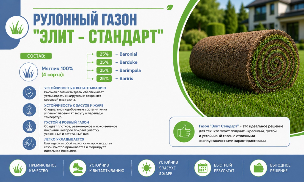 Рулонный газон Элит Стандарт Рулонный газон Элит Стандарт